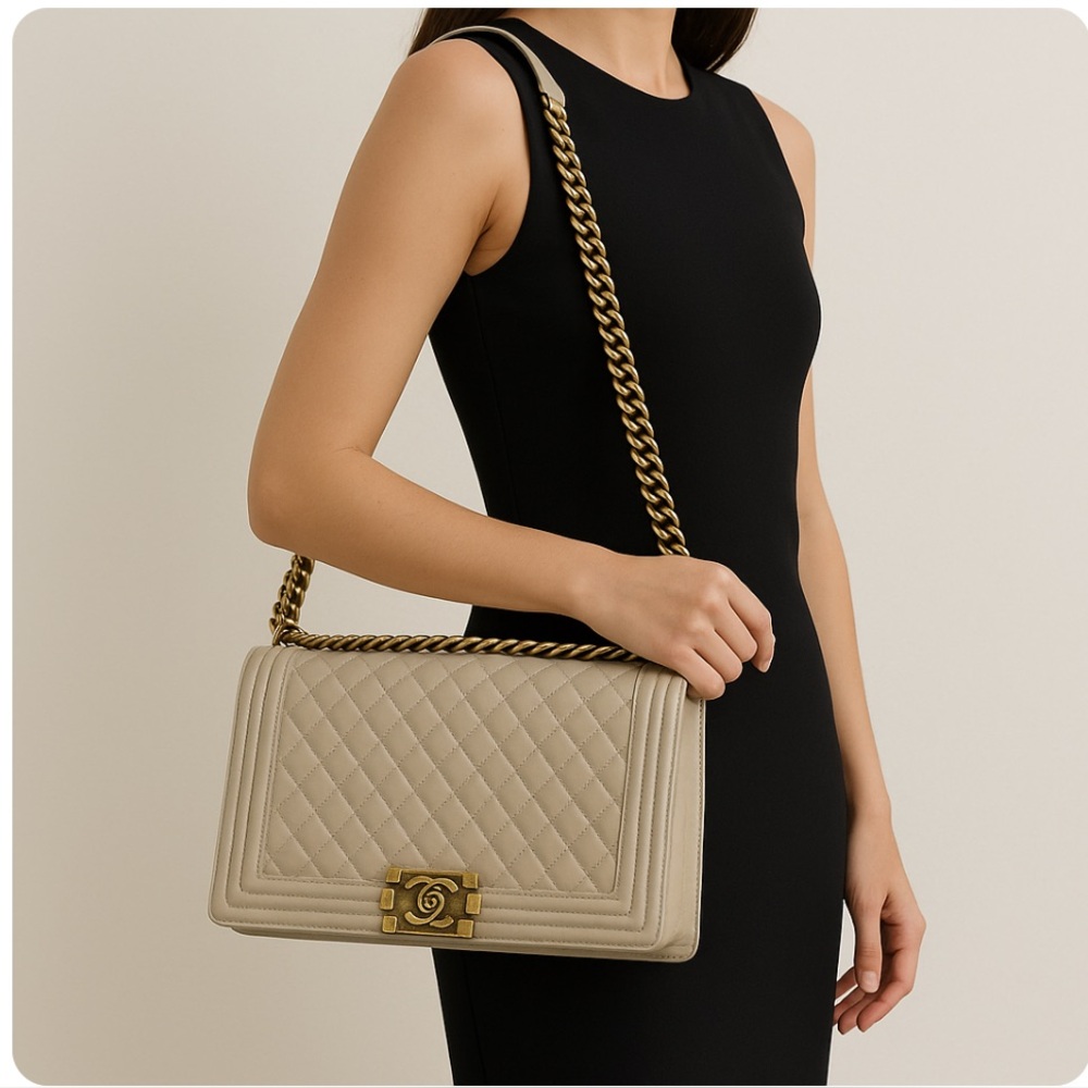 Chanel L Boy Bag in Beige Clair Quilted Lambskin Vintage finish Collector’s find
